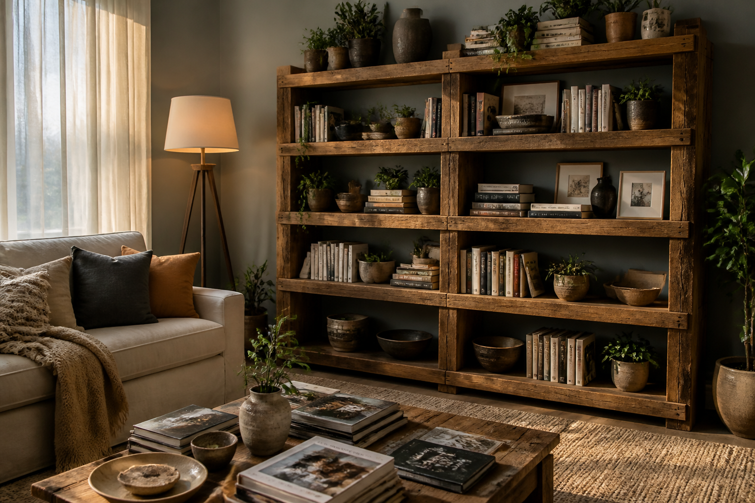 Cozy living room with a large wooden bookshelf filled with books