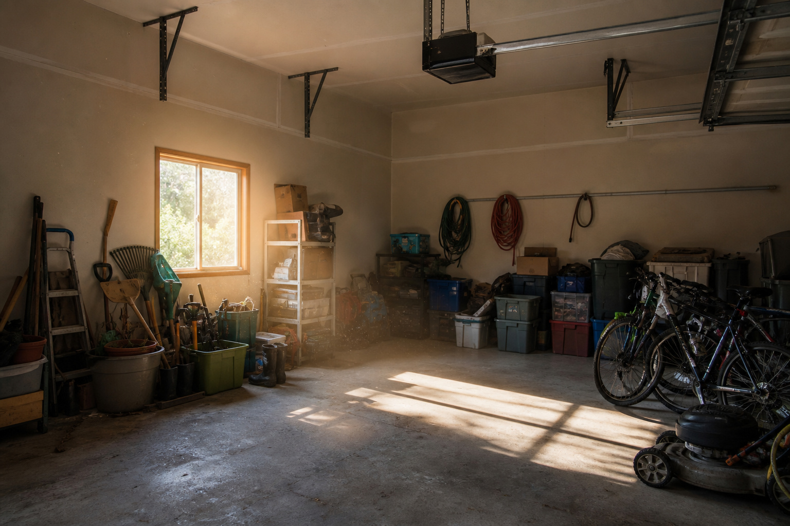 Cluttered garage interior with sunlight streaming through a window