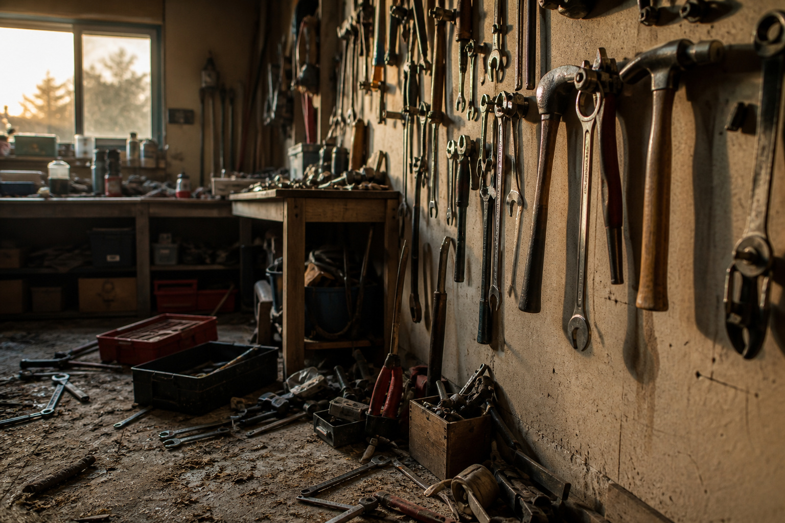 Cluttered garage with tools and equipment at dusk, warm light filtering in